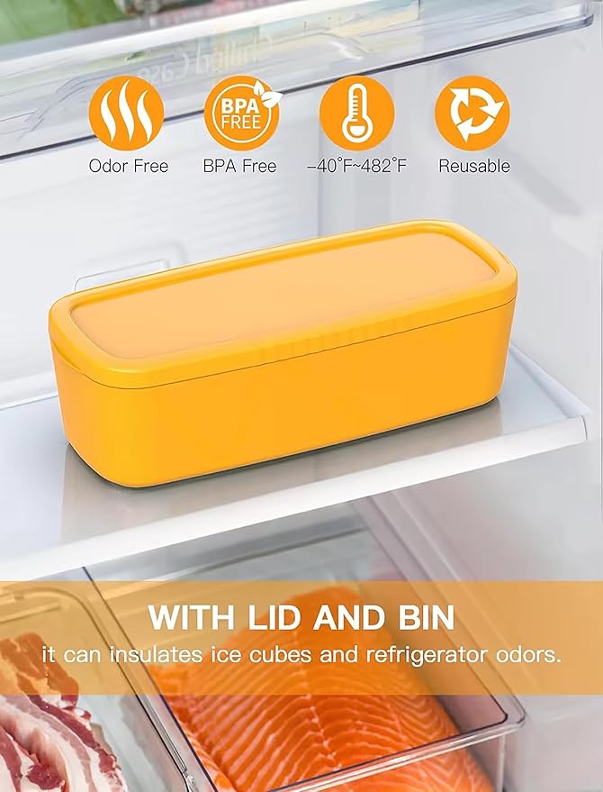 Ice Cube Tray for Stanley Cup, Silicone Ice Mould with Lid & Bin, Long Ice Cubes for 30-40Oz Tumbler, Easy Fill & Release, Perfect for Cocktails, Whiskey, Iced Coffee, Drinks, BPA Free (Yellow)