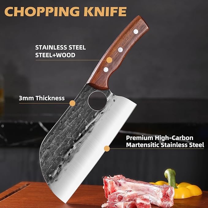 8'' Hand Forged Wood Butcher Knife Santoku for Meat Cutting Bone Chopping Kitchen Outdoor BBQ Camping