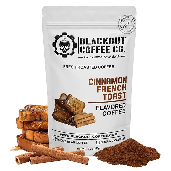 Blackout Coffee Cinnamon French Toast Flavored Ground Coffee – Medium Roast, Smooth Taste, Guilt-Free Indulgence – Freshly Roasted 12oz Pouch, American Made