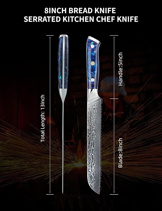 8” Bread Knife Serrated Kitchen Chef Knife- Damascus Steel & Resin Handle - Xuan Series (Sapphire Blue)