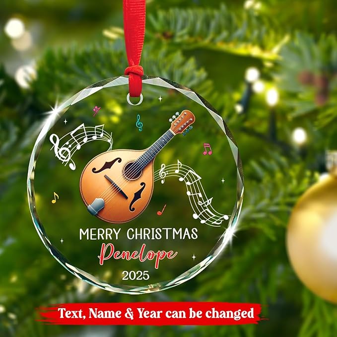 Personalized Mandolin Glass Ornament Xmas 2025, Musical Instrument Christmas Ornament Gift for Mandolin Player, Customized Text & Name Mandolinist Glass Keepsake, Instrument Lover Christmas Ornaments