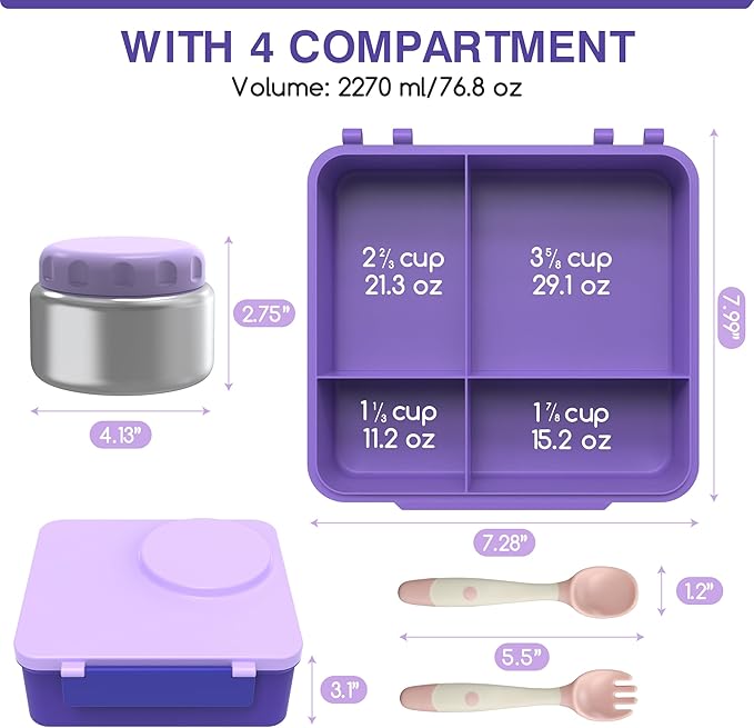 Bento Box for Kids - Leak-Proof Bento Lunch Box with Insulated Thermos Food Jar - 4 Compartments, 1 Removable Divider, 1Spoon, 1 Fork - Dishwasher Safe, BPA-Free (Light purple)