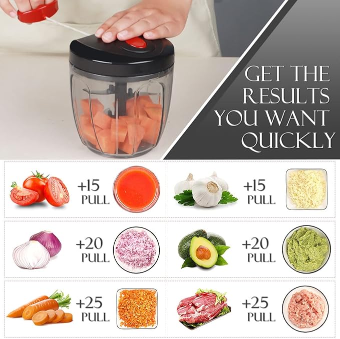 Ourokhome Manual Food Processor Vegetable Chopper, Portable Hand Pull String Garlic Mincer Onion Cutter for Veggies, Ginger, Fruits, Nuts, Herbs, etc., 900ml, Black