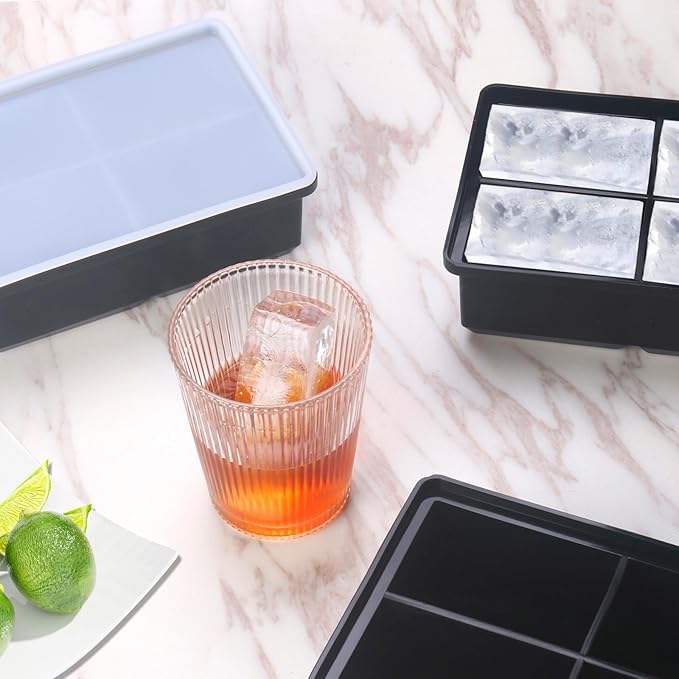 Large Ice Cube Trays for Whiskey: BECOKIT Big Silicone Ice Cube Trays - 3 * 2Inch Square Ice Cubed Tray for Bourbon Whisky and Cocktail - 4Pack Giant Silicon Ice Cube Tray (Black 4 Tray)