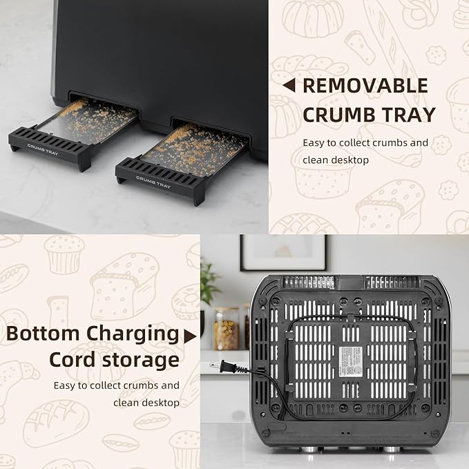 4 Slice Toaster, 6 Browning Settings, Removable Crumb Tray, Stainless Steel Bread Toaster for Bagels, Muffins, Waffles, Defrost, Cancel Button, 120V 1800W