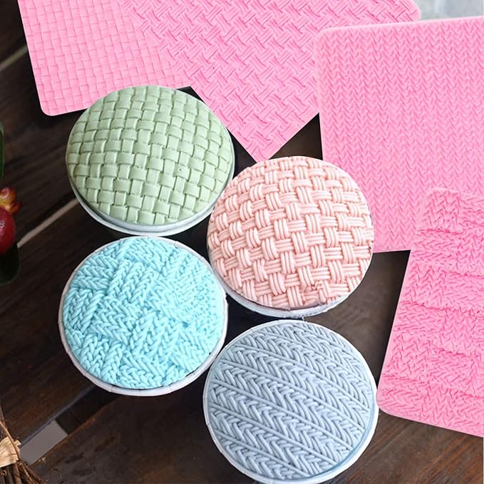 Fondant Impression Mats Molds, Knitting with Button Silicone Chocolate Molds (5 Packs), Sweater Design Knit Impress Texture Stamp Mat for Baby Shower, Birthday Cake Decorating Cupcakes Topper