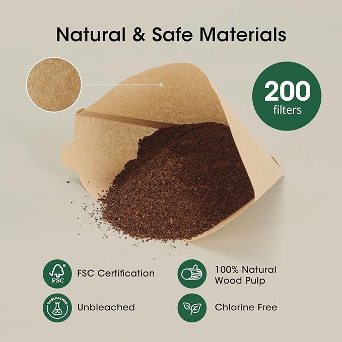 200 Count Coffee Filters #4, ONIOU Number 4 Cone Coffee Paper Filters 8-12 Cup Unbleached, Natural Coffee Filters 4 Cone Paper for Ninja Cuisinart Coffee Makers