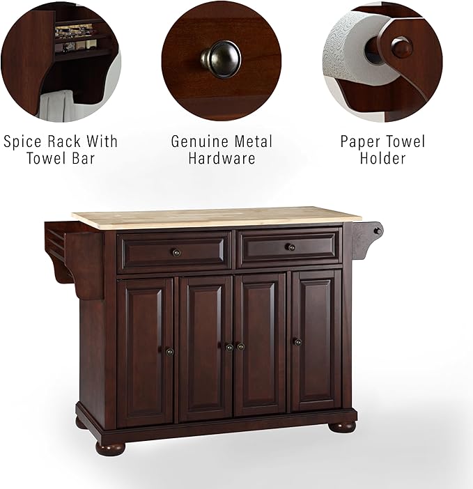 Crosley Furniture Alexandria Wood Top Rolling Kitchen Island Storage Cart, Microwave Stand, Spice Rack, Mahogany