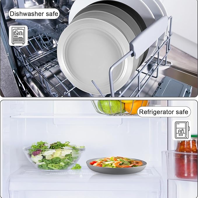 12 Pcs Unbreakable Deep Dessert Plates Set, 8 inch Reusable Plastic Wheat Straw Plates, Microwave and Dishwasher Safe Plate for Kitchen, Lightweight Plate for Dessert, BPA Free, Black
