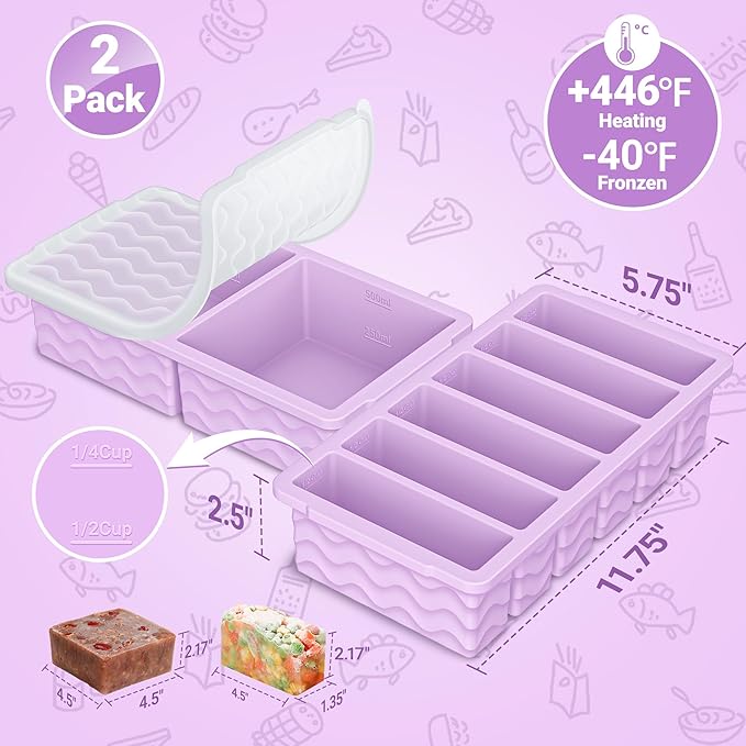 2-Pack Silicone Freezer Trays with Lid, 2 Large 2-Cup(500ml) & 6 Small 1/2-Cup(125ml) Soup Freezer Container Molds, Ice Cube Tray For Meal Prep & Freezing Soup, Stews, Sauces, Oven & Dishwasher-Safe