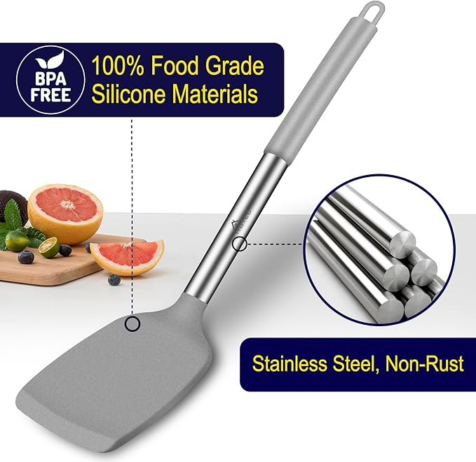 HOTEC Silicone Spatula Set of 2 Heat-Resistant 600°F & BPA-Free Kitchen SaptulaTurner with Stainless Steel Handles, Slotted & Solid Spatulas for Nonstick Cookware, 13.7 Inch, Grey