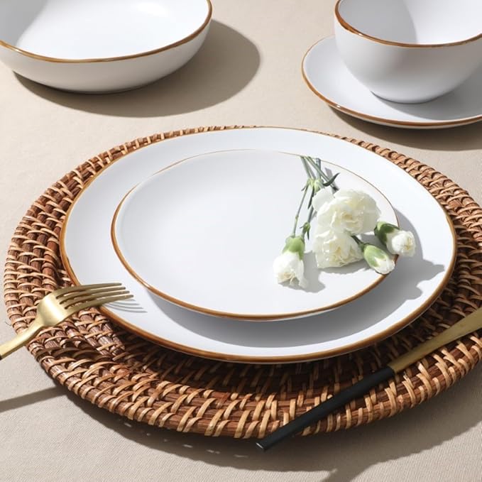 Gibson Home Hazeltine 16-Piece White Stoneware Dinnerware Set – Plates and Bowls, Durable Ceramic Kitchen Dinner Set