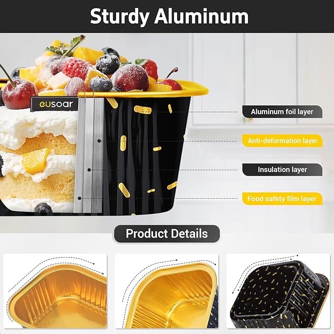 EUSOAR Baking Pans with Lids, 100pcs 10oz/300ml Aluminum Foil Ramekins Disposable Containers, Square Creme Brulee Cups Cupcake Liners Muffin Cup Mini Cake Loaf Bread Holders for Birthday Wedding