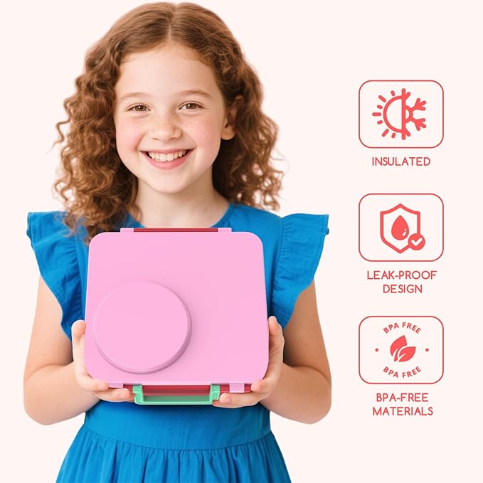 Bento Box for Kids - Leak-Proof Bento Lunch Box with Insulated Thermos Food Jar - 4 Compartments, 1 Removable Divider, 1Spoon, 1 Fork - Dishwasher Safe, BPA-Free (Pink)