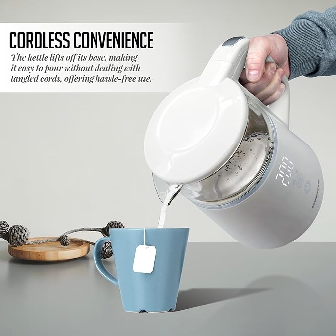 OVENTE 1L Small Electric Kettle with 5 Temperature Preset, Digital Display, 5Hr Keep Warm, Auto Shut-Off, Double-Wall Cool Touch Exterior, Borosilicate Glass,1500W BPA Free Water Boiler, White KD95W