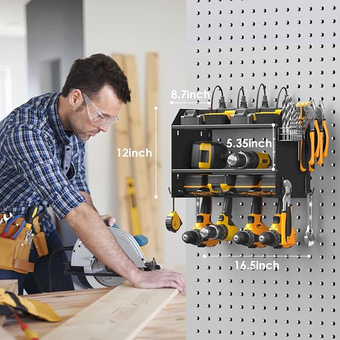 CCCEI Modular Power Tool Organizer Wall Mount with Charging Station. Garage Drill Storage Shelf with Hooks, Heavy Duty Rack, Tool Battery Holder Built in 8 Outlet. Gift for Men. Black, 1 Pack.