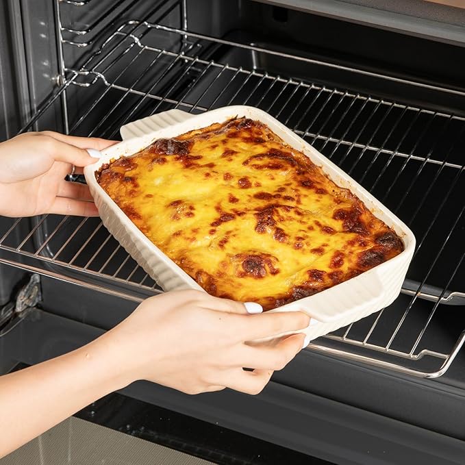 Sweejar Ceramic Baking Dish Set, Cake Baking Dish for Brownie, Porcelain Striped Casserole Dishes for Oven with Handle for Lasagna, Family Dinner(White)
