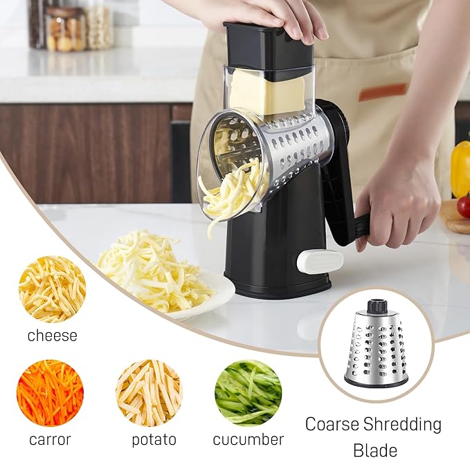 Rotary Cheese Graters with 4 Blades, Hand Crank Cheese Grater with Waffle Slicer, Red, Black and White Cheese Shredder with Suction Base, Easier for Shredding & Grating (Black, 4 Graters)