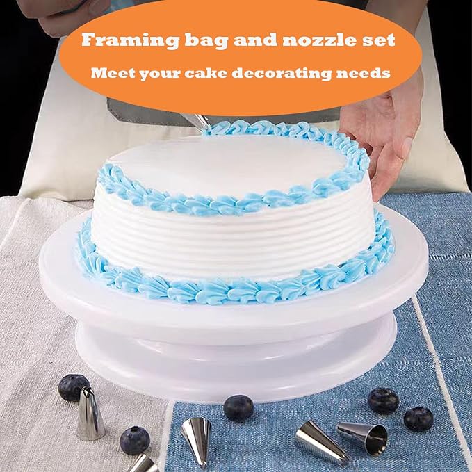 11 Inch Revolving Cake Stand Turntable, Cake Decorating Kit with 24 Icing Piping Tips, 3 Scrapers, 2 Spatulas, 1 Coupler and 1 Reusable Piping Bag, Baking Supplies for Beginners and Cake Lovers