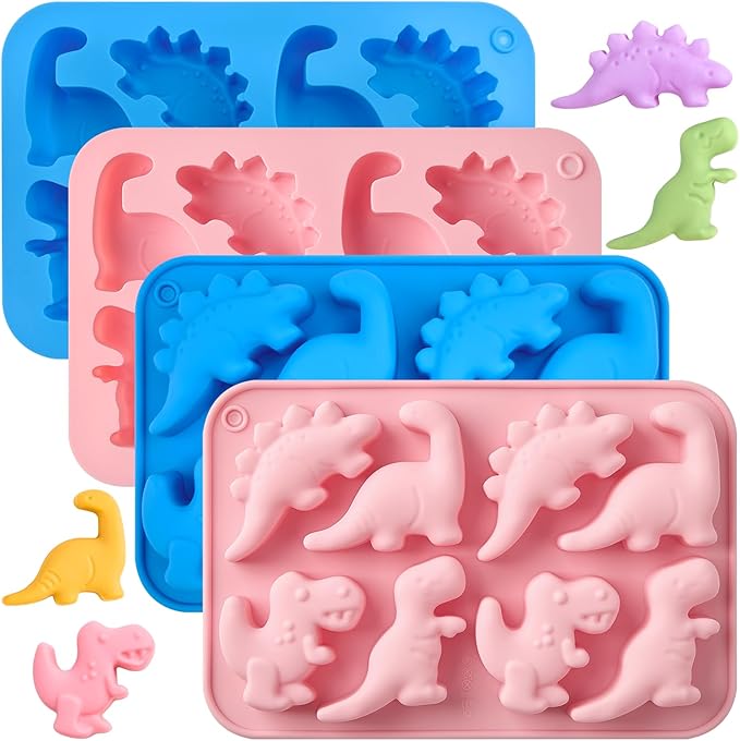 JOERSH 4Pcs Dinosaur Silicone Candy Molds Gummy Dinosaur Molds 8-Cavity Shaped with T-rex, Stegosaurus, Triceratops, Brontosaurus, Non-Stick for Chocolate, Cookie, Snacks, Cake Decorations