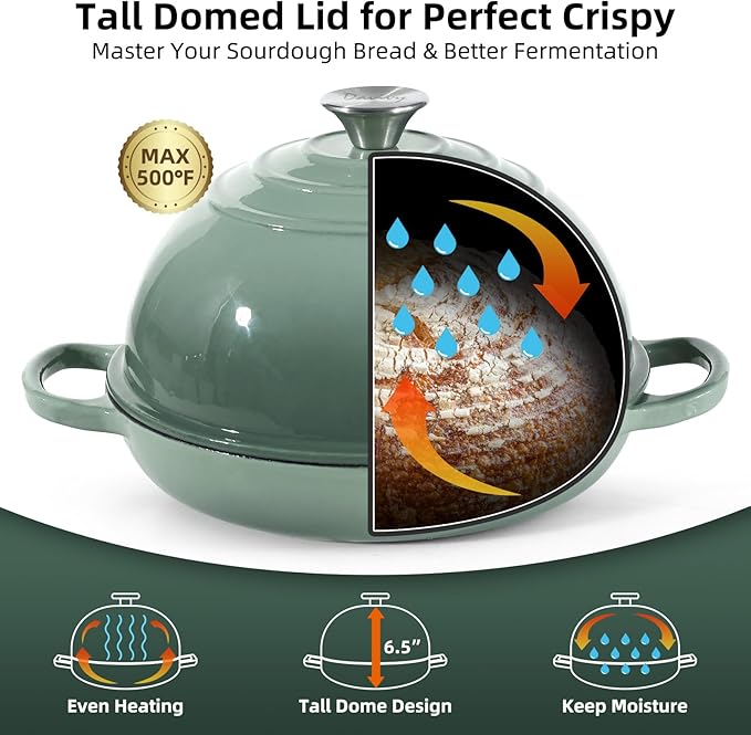 Davivy 5.5QT Sourdough Dutch Oven with Domed Lid, 10" Round Bread Dutch Oven, Enameled Cast Iron Bread Oven, Bread Oven for Sourdough Bread - Sea Salt Green