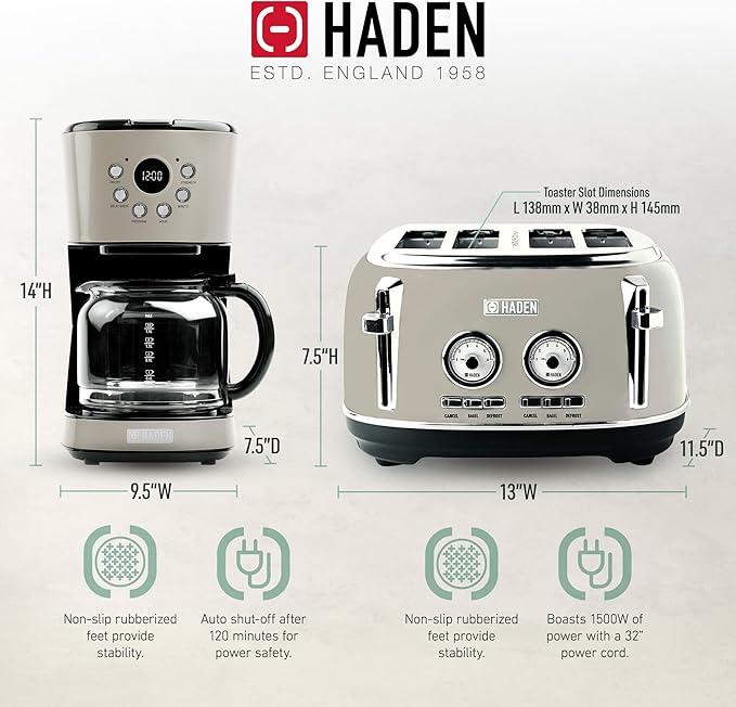 Haden 12 Cup Programmable Drip Coffee Maker Coffee Machine Bundled with Dorset 4 Slice Wide Slot Stainless Steel Toaster, Putty & Chrome