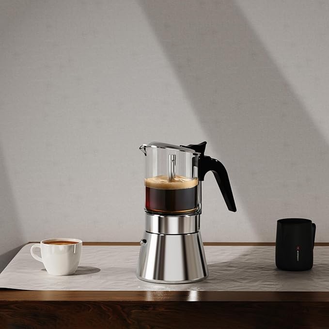Stovetop Espresso Maker, Crystal Glass-top & Stainless Steel Espresso Moka Pot,Classic Italian coffee maker（360ml）