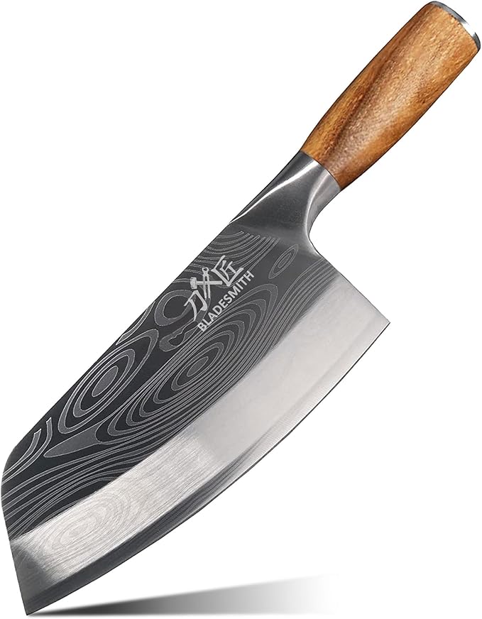 Cleaver Knife, Chinese Chef's slicing Knife, Razor sharp HC German Stainless Steel blade with lasered damascus pattern, pearwood Handle, Kitchen Gift