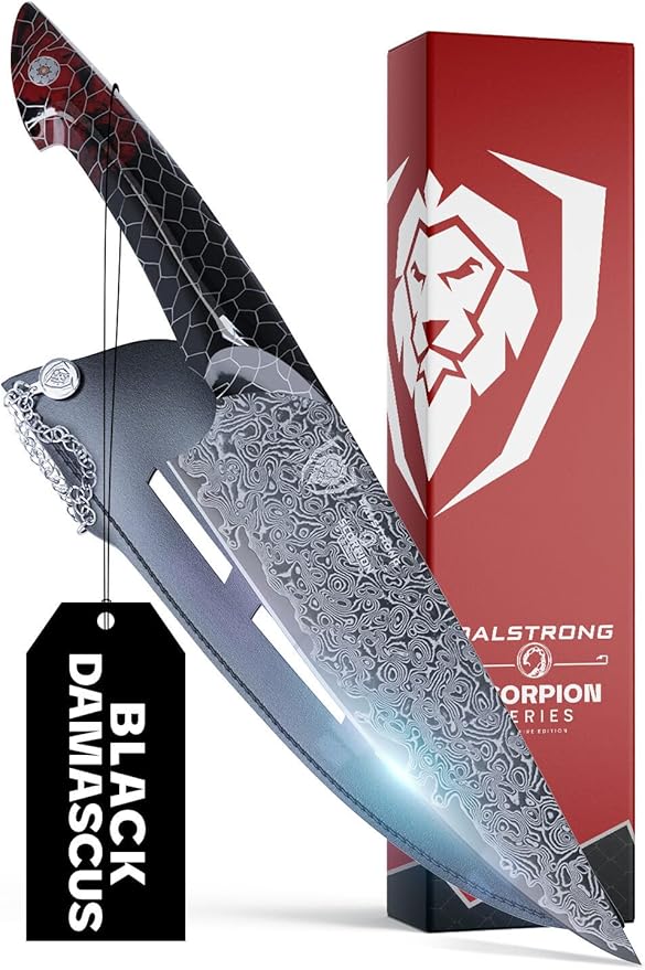 Dalstrong Chef Knife - 9.5” Scorpion Series - Exclusive Japanese V12 Ultra Steel - Black Damascus Chef Knife - Black & Red Honeycomb Resin Handle -Scorpion Kitchen Knives w/Chef Knife Sheath