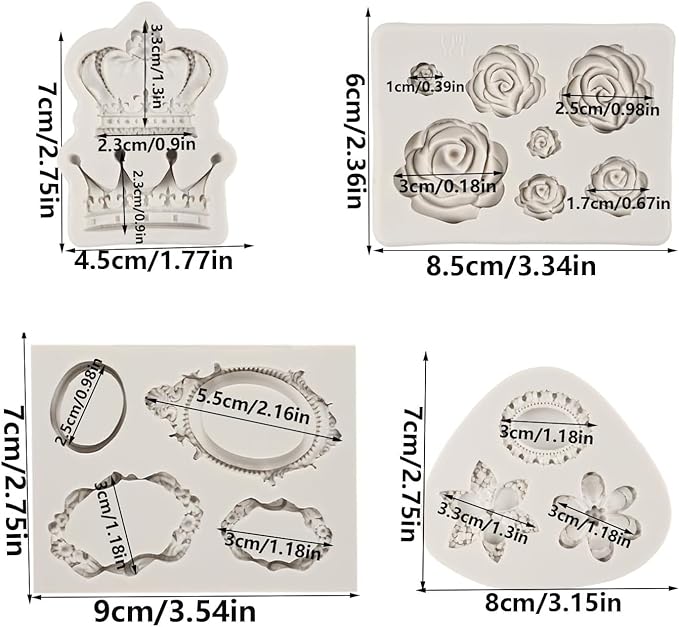 Vintage Picture Frame Fondant Mold Baroque Style Crown Rose Flower Silicone Mold for Chocolate Sugarcraft Cupcake Topper Jewelry Polymer Clay Crafting Projects