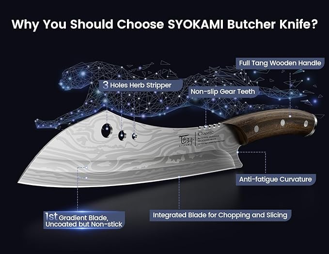 Butcher Knife, 10 Inch Meat Cleaver Chef Knife with Herb Stripper, Japanese Style High Carbon Steel Kitchen Knife for Chopping & Slicing, Damascus Pattern Full Tang Wood Handle Ideal for Gift