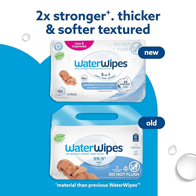 WaterWipes Sensitive+ Newborn & Baby Wipes, 3-In-1 Cleans, Cares, Protects, 99.9% Water, Unscented & Hypoallergenic, 180 Count (3 Packs)