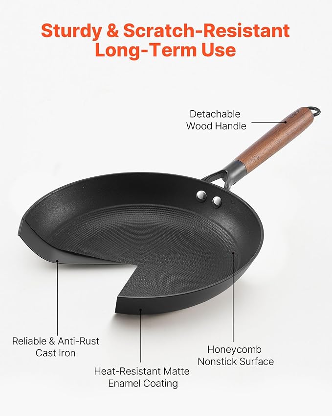 VEVOR Cast Iron Skillet, 3-Piece Frying Pan Set (8, 10, 12 in), Nonstick Skillets with Detachable Wood Handle, Pre-Seasoned Chef's Pan, Kitchen Cookware for Gas, Electrical, and Induction, Black