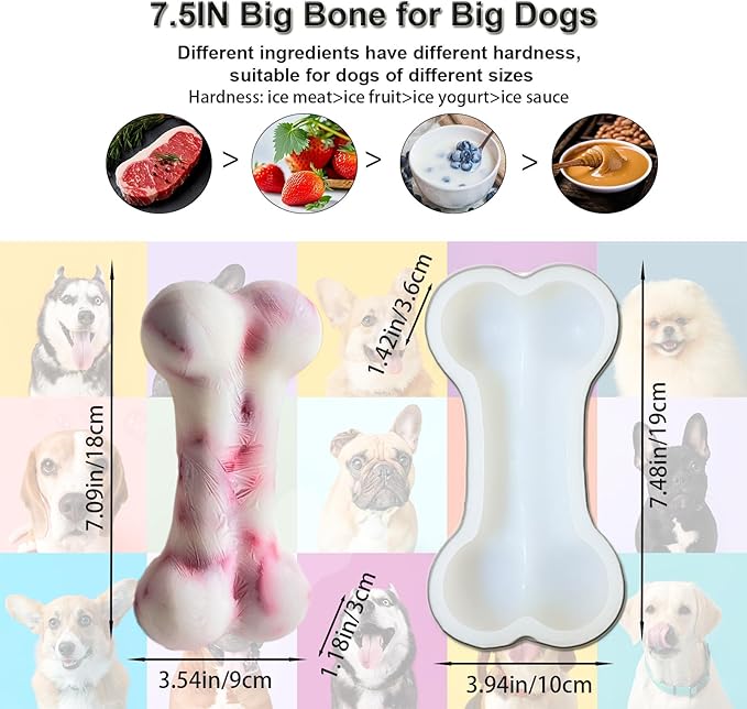 7.5IN Big Bone Dog Cat Treat Mold 1 Pack, DIY Flavors for Puppy. Food Safe Silicone for Oven. Large Ice Cube Mold for Pet Chew, Cooling. Pets Birthday Cake Baking. Fun Gift for Dog Lover