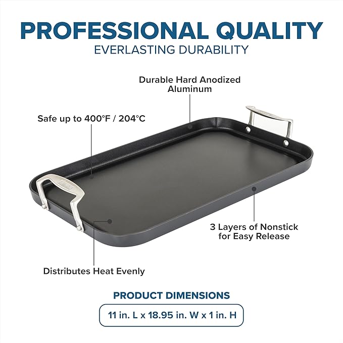 Viking Non Stick Double Burner Griddle, Hard Anodized Nonstick Kitchen Cookware Grill Pan with Handles, Oven Safe, Works on Electronic, Ceramic, and Gas Stove Tops, 19 x 11 Inch