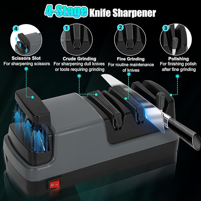 4-Stage Electric Knife Sharpener, For Kitchen Knives, Serrated Knives and Scissors, 100% Diamond Abrasive for Rapid Sharpening & Polishing, Grey Knife Sharpener
