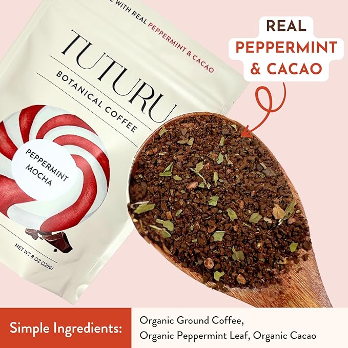 Organic Peppermint Mocha Ground Coffee - Real Peppermint & Cacao - Medium Roast, Flavored Coffee - Smooth Low-Acid - Perfect for Drip, Pour Over or Cold Brew - 8 oz, 22 Servings
