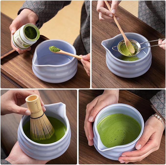 Matcha Whisk Set - Ceramic Bowl, Bamboo Whisk with Holder, Storage Canister, Sifter, Schima Spoon with Rest, Tea Towel - 8 Pcs Complete Kit for Traditional Matcha and Modern Lattes (Purple)