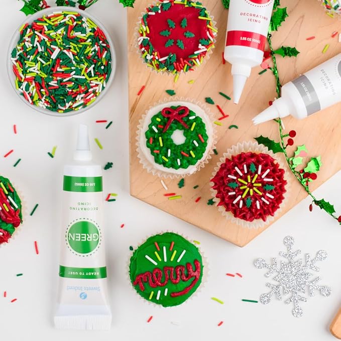 Sweets Indeed Christmas Cookie Decorating Kit – 11.31 oz | 3 Frosting Tubes (Red, Green & White) + 4 Decorating Tips + 2.5 oz Holiday Sprinkles for Christmas Cookies, Cupcakes & Cakes