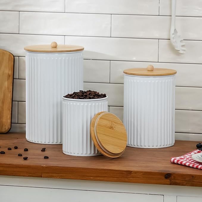 Kitchen Canister Set of 3 Tea Coffee Sugar Containers with Airtight Bamboo Lids Food Flour Storage for Countertop Metal White Vertical Stripe Pattern Embossed Farmhouse Decor