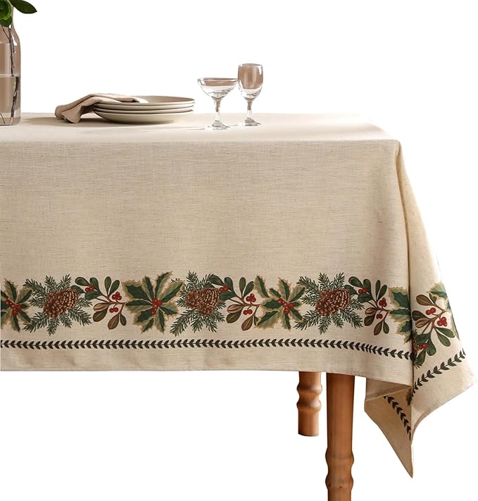 ISAENNE Designer Christmas Linen Table Cloth for Rectangle Table,Light Beige Western Tablecloth,Wrinkle Resistant Decor Tablecloths for Dining Thanksgiving Kitchen Christmas,55"*79"-Carol G