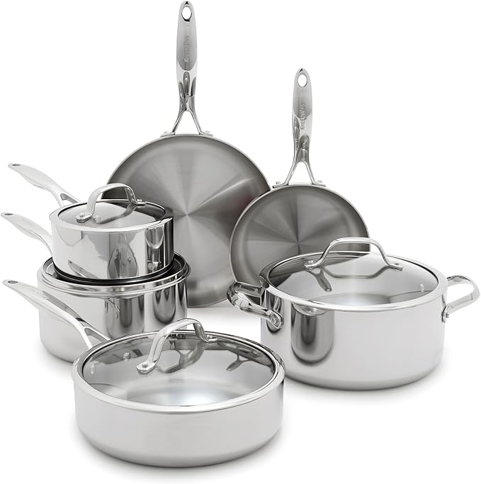 GreenPan Valencia Tri-Ply Stainless Steel 10 Piece Cookware Set, Induction Ready Pots & Pans, Mirror Finish, Dishwasher Safe & Oven/Broiler Safe to 600F, Compatible with All Cooktops, Silver