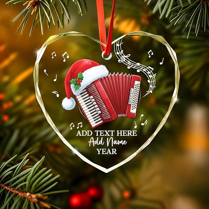 Personalized Text Name & Year Accordionist Glass Ornament, Accordion Instrument Christmas Tree Ornaments, Custom Accordion Player Christmas Ornament 2025, Xmas Decor Gifts for Music Lovers