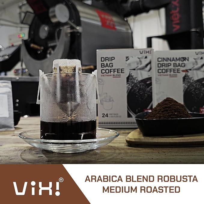 VIXI Drip Coffee Blended, 24 Bags, Ground Coffee, Medium Roast, Hanging Ear, Arabica Blend Robusta, Smooth and Balanced Flavor, Single Serving, Natural Vietnamese Coffee