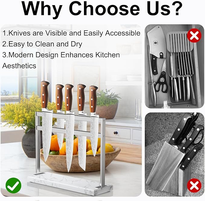 Magnetic Knife Block Stand - Marble Base Magnetic Knife Holder for Counter Top - Double Sided Knife Block without Knives - Stainless Steel Magnetic Kitchen knife holder - White