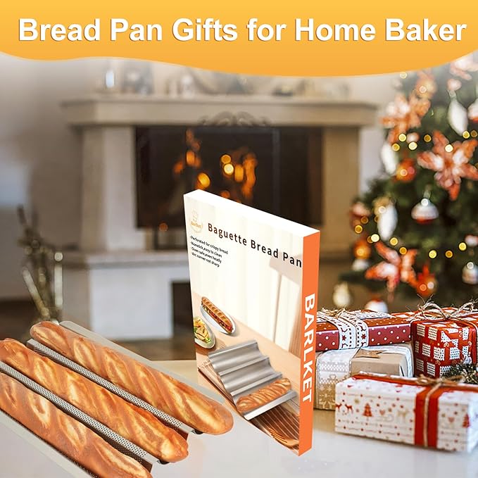 Baguette Bread Pan Set of 2, Silver Baguette Tray Perforated, Nonstick French Bread Baking Pan 3 Loaves, Oven Baking Gifts for Home Baker