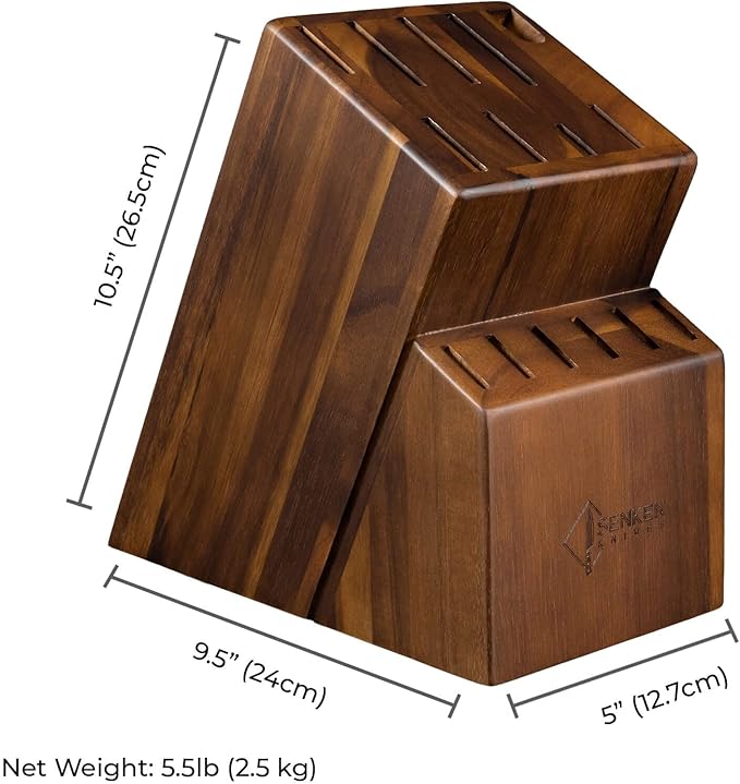 SENKEN 16-Piece Natural Acacia Wood Kitchen Knife Block Set - Japanese Chef's Knife Set with Laser Damascus Pattern, Includes Steak Knives, Kitchen Shears, Santoku, Cleaver & More (Red Resin Handles)