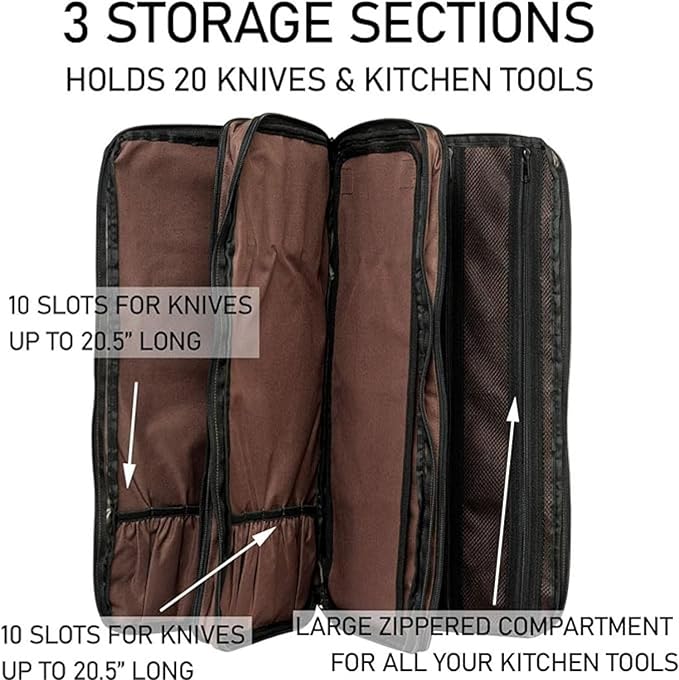 EVERPRIDE Chef Knife Bag Holds 20 Knives PLUS Large Zippered Compartment for Kitchen Tools – Durable, Large Knife Bag for Chefs – Knives Not Included