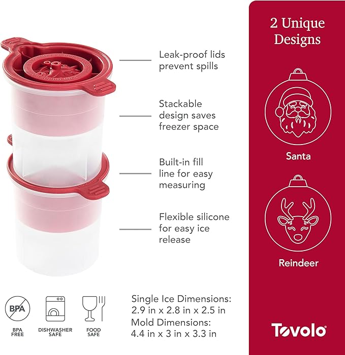 Tovolo Santa and Reindeer Ornament Ice Cube Molds for Cocktails Set of 2, Holiday Ice Ball Mold Stocking Stuffer Christmas Gifts for Men, Slow Melting Stackable Dishwasher Safe Silicone Molds