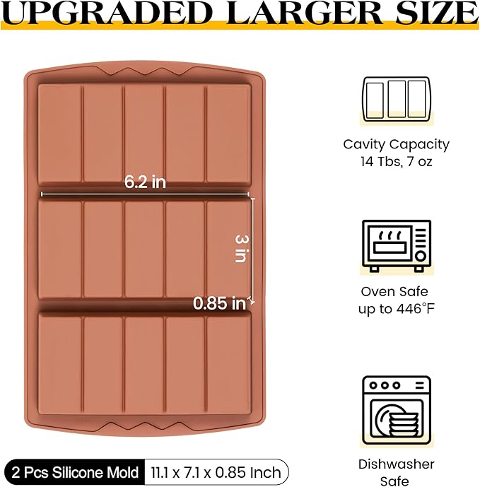 2 Pcs Chocolate Bar Mold Deep Large Chocolate Molds Silicone Break Apart Thick Silicone Molds for Candy Bar (5 Snap）